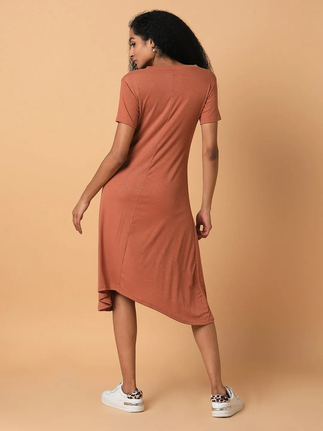 Women Solid Rust Midi A-Line Dress