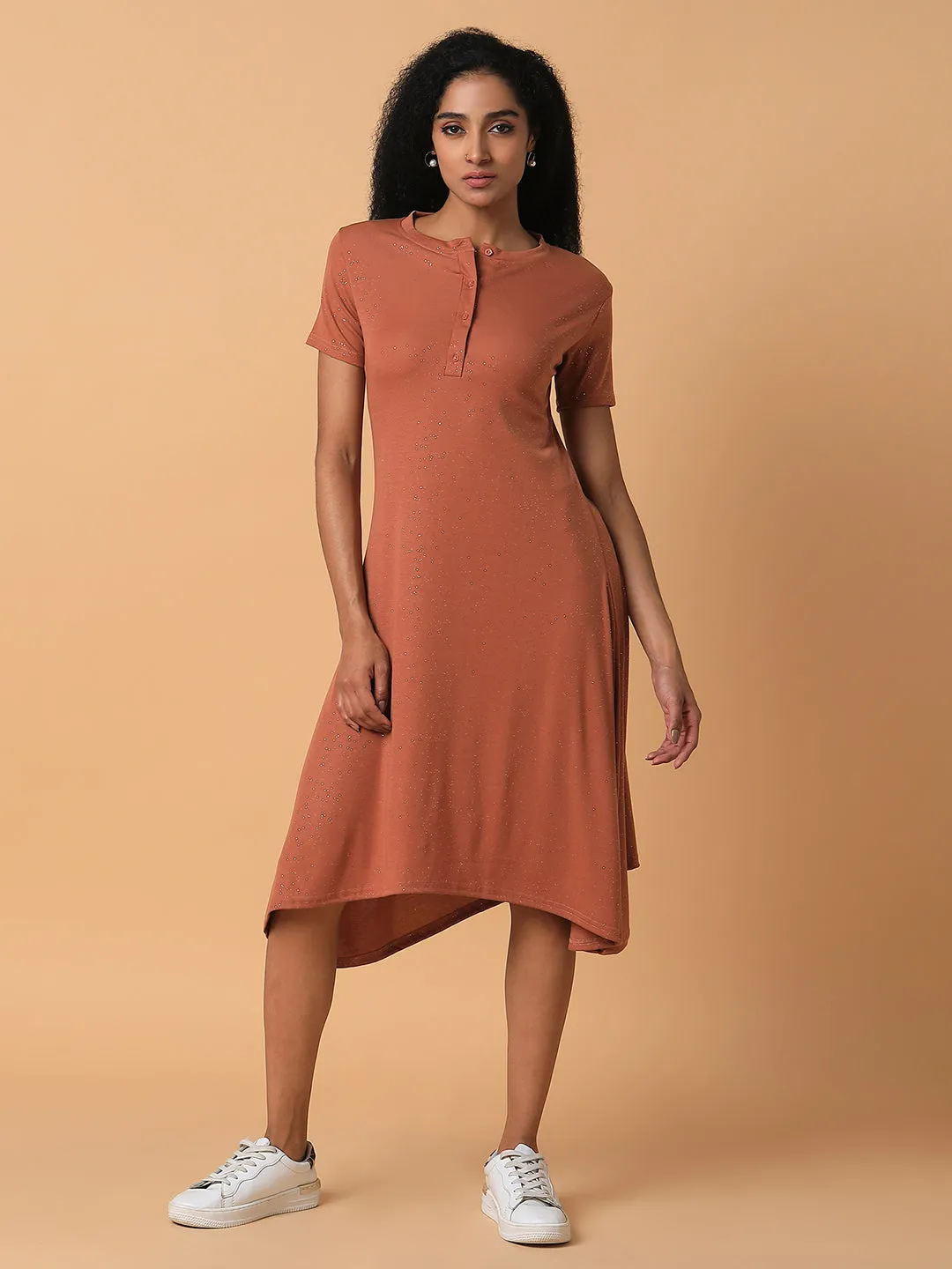 Women Solid Rust Midi A-Line Dress