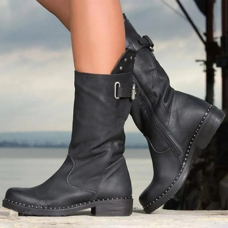 Women square low heel studded mid calf motorcycle boots