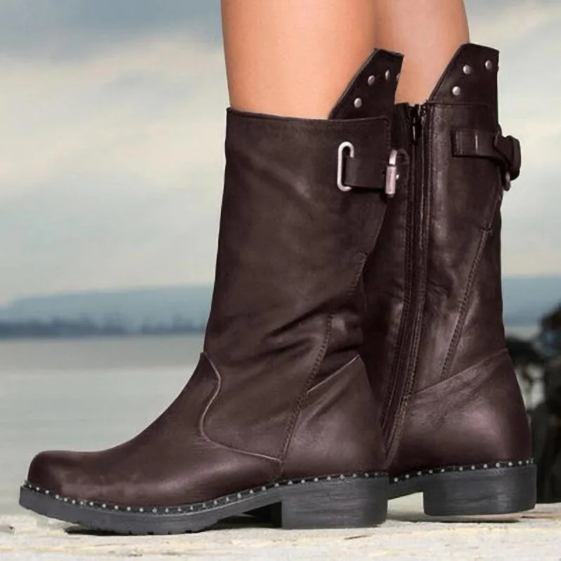 Women square low heel studded mid calf motorcycle boots