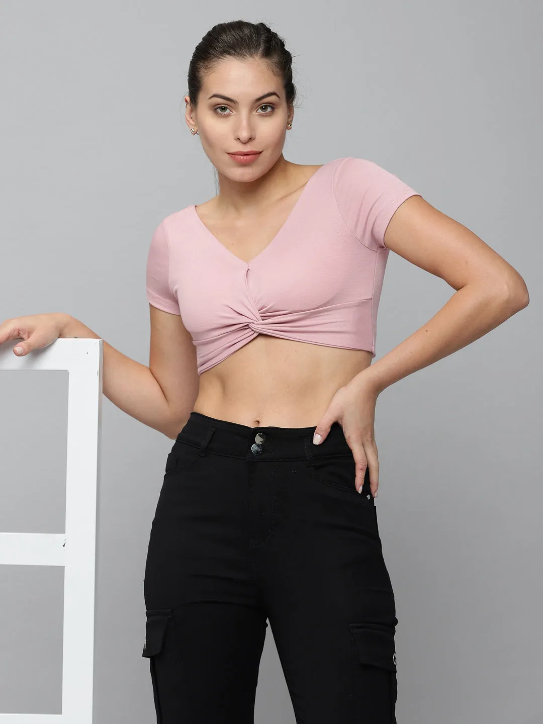 Women V-Neck Solid Mauve Fitted Top