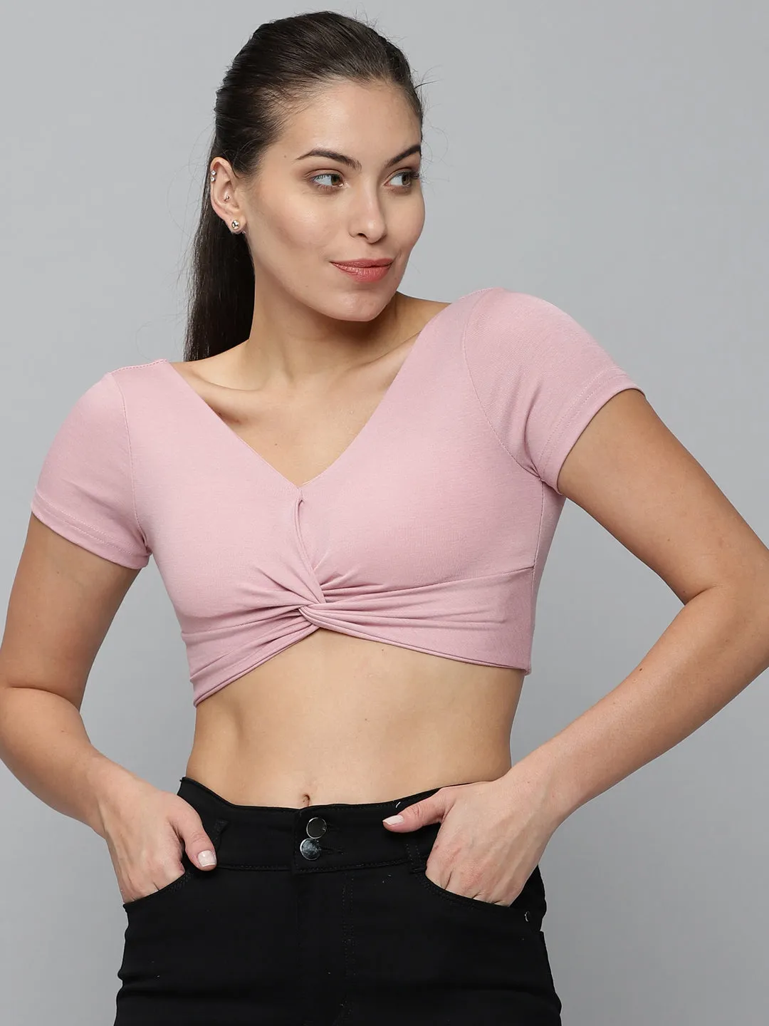 Women V-Neck Solid Mauve Fitted Top