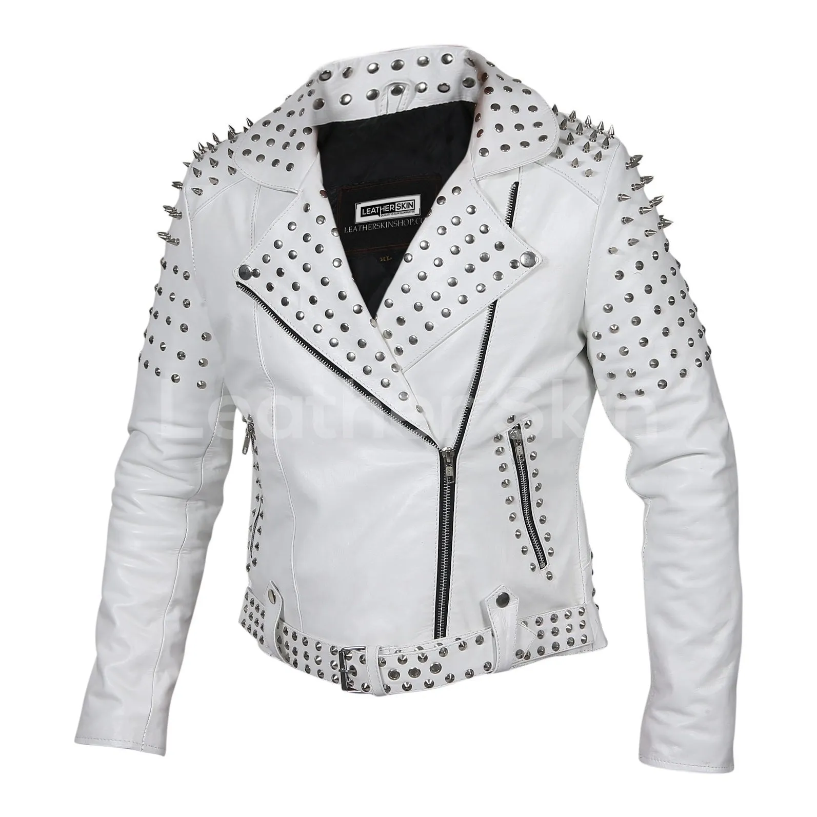 Women White Leather Jacket with Cone Tree Spikes