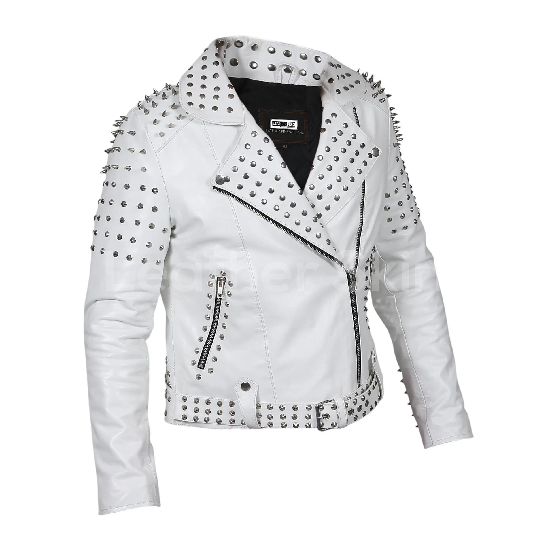 Women White Leather Jacket with Cone Tree Spikes