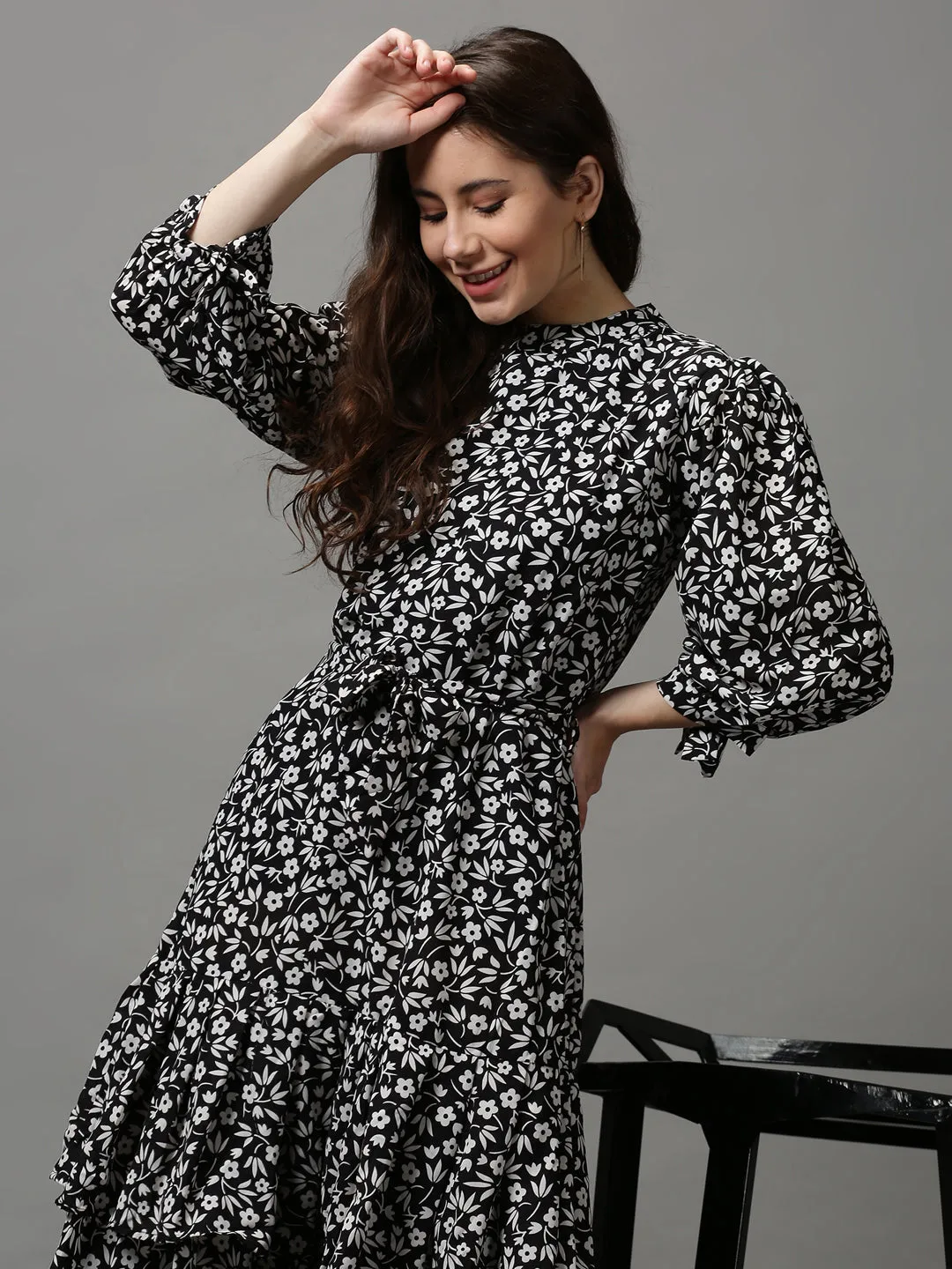 Women's Black Printed Drop-Waist Dress