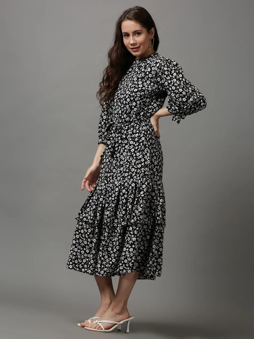 Women's Black Printed Drop-Waist Dress