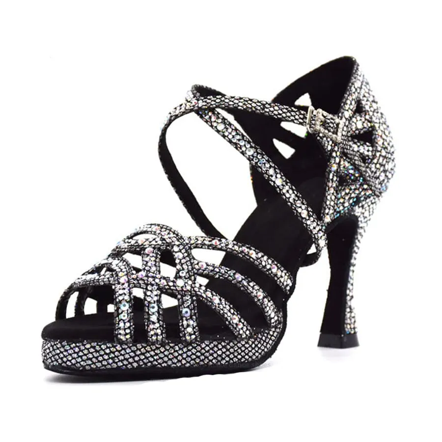 Women's Black Sparkling Glitter Customized Heel Ballroom Dance Shoes Latin Shoes