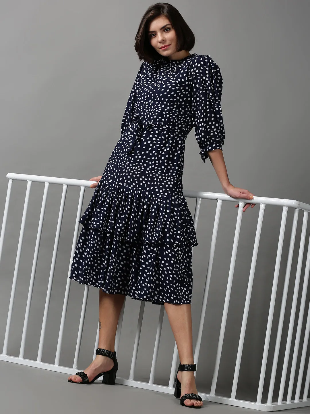 Women's Blue Printed Drop-Waist Dress