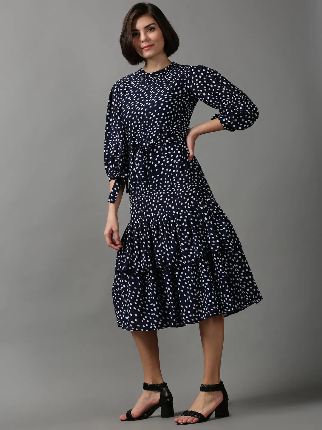 Women's Blue Printed Drop-Waist Dress