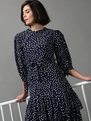 Women's Blue Printed Drop-Waist Dress