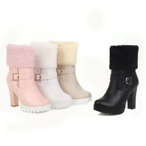 Women's Booties Fold Side Zippers Buckle Straps Block Chunky Heel Platform Short Boots