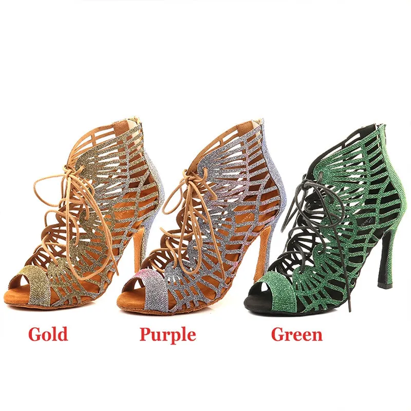 Women's Green Sparking Gliiter Customized Heels Dance Boots Jazz Salsa Dancing Shoes