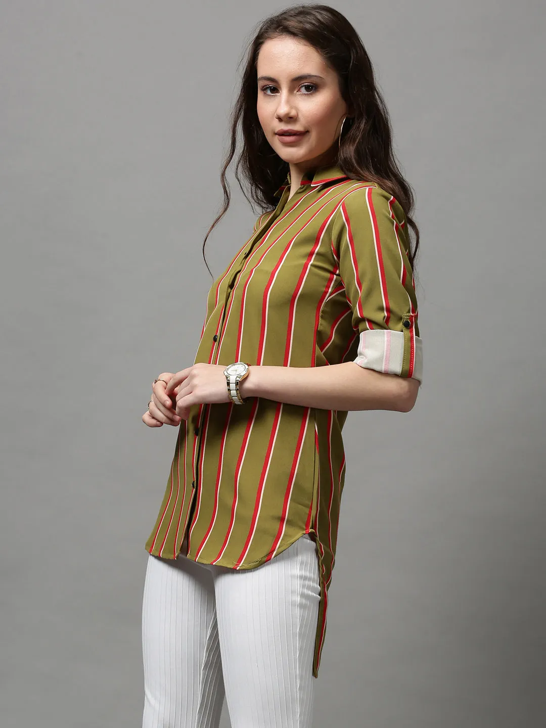 Women's Green Striped Longline Shirt