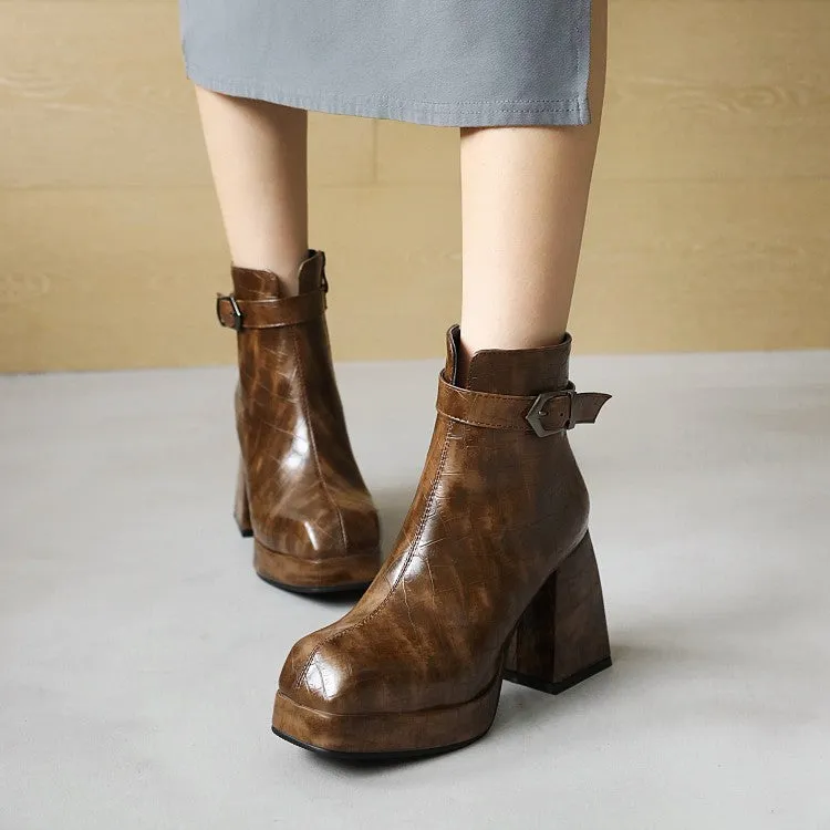 Women's Pattern Pu Leather Square Toe Buckles Belts Block Heel Platform Short Boots