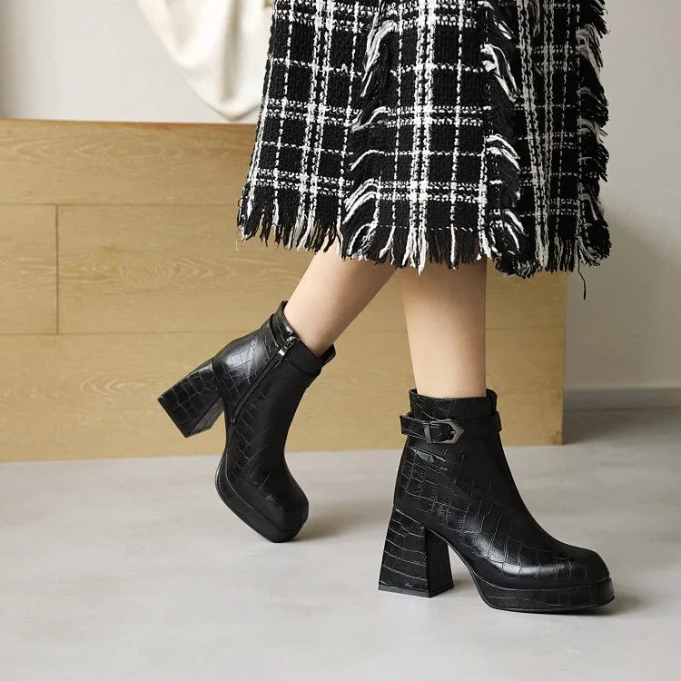 Women's Pattern Pu Leather Square Toe Buckles Belts Block Heel Platform Short Boots