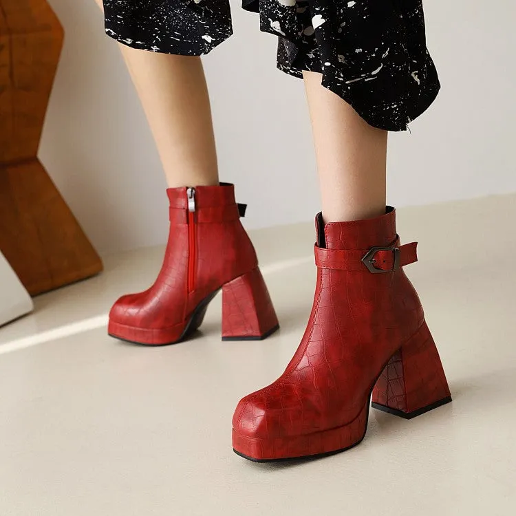 Women's Pattern Pu Leather Square Toe Buckles Belts Block Heel Platform Short Boots