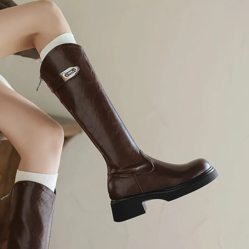 Womens Platform Plain Buckled Tall Boots