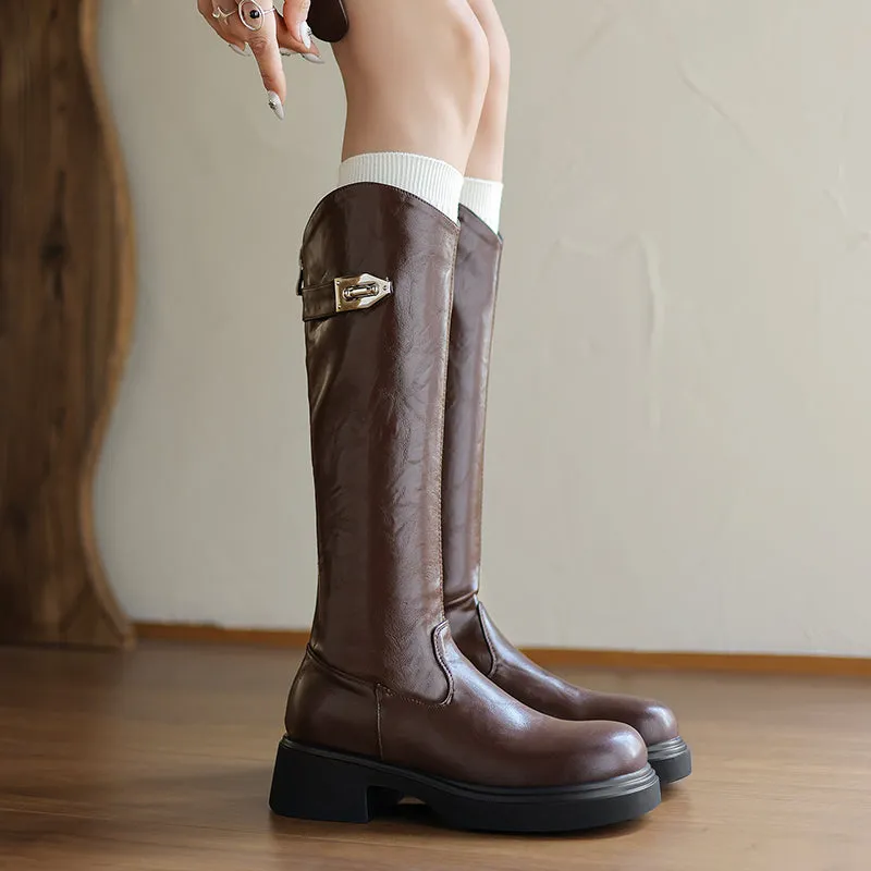 Womens Platform Plain Buckled Tall Boots