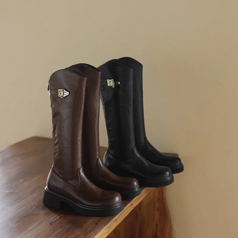 Womens Platform Plain Buckled Tall Boots