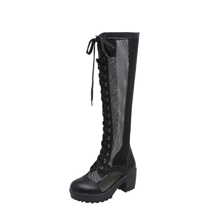 Women's Pu Leather Mesh Lace Up Block Heel Platform Knee High Boots