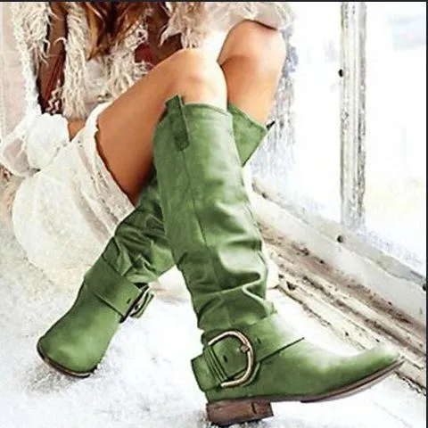 Women's retro knee high cowboy boots buckle strap chunky low heel boots