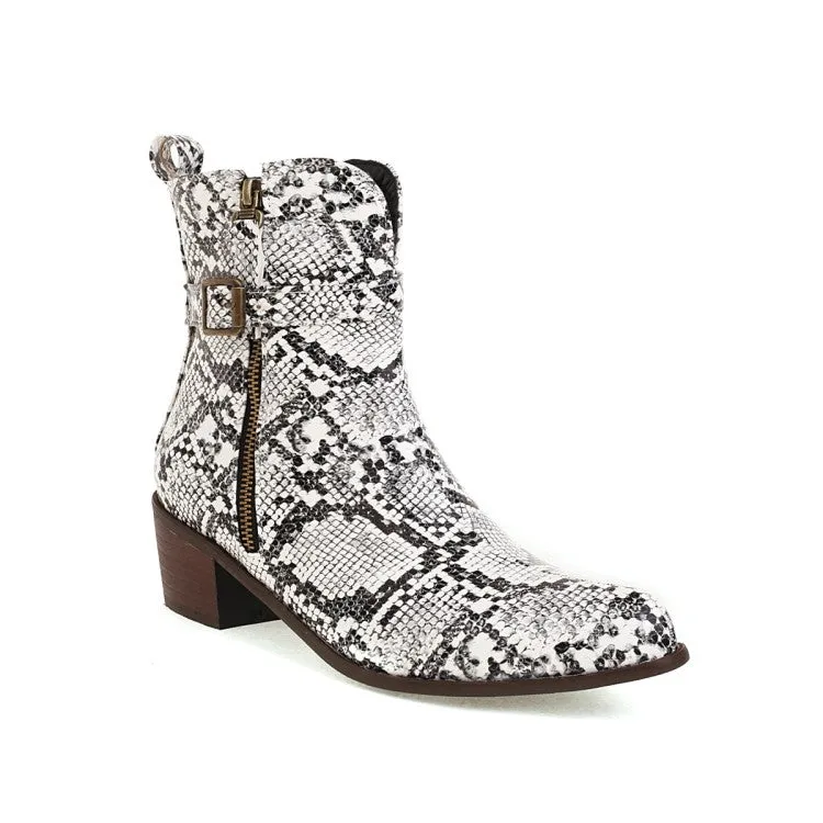 Women's Snake Printed Square Toe Side Zippers Block Chunky Heel Short Boots