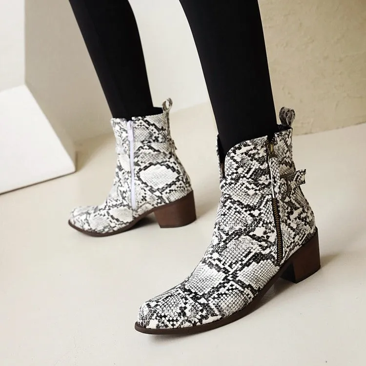 Women's Snake Printed Square Toe Side Zippers Block Chunky Heel Short Boots