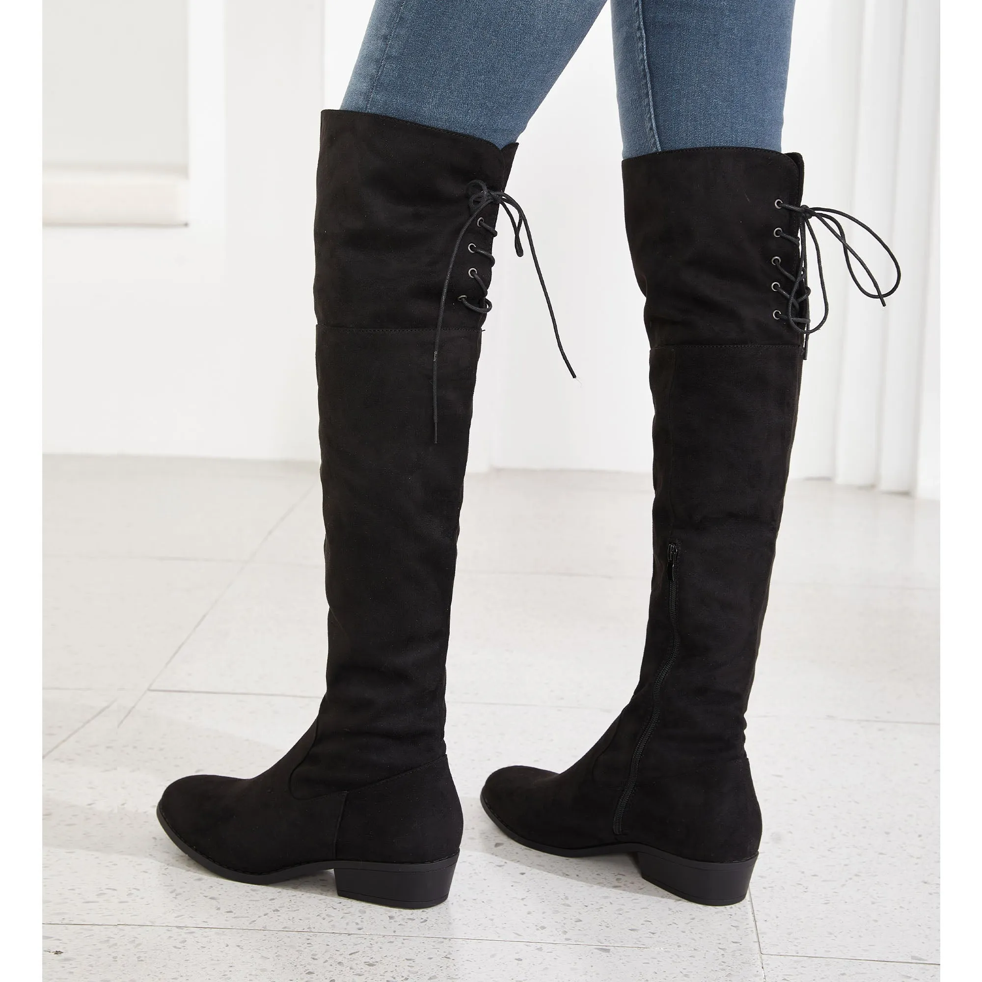 Women's Thigh High Fashion Boots Over The Knee Black Low Flat Heel Boots