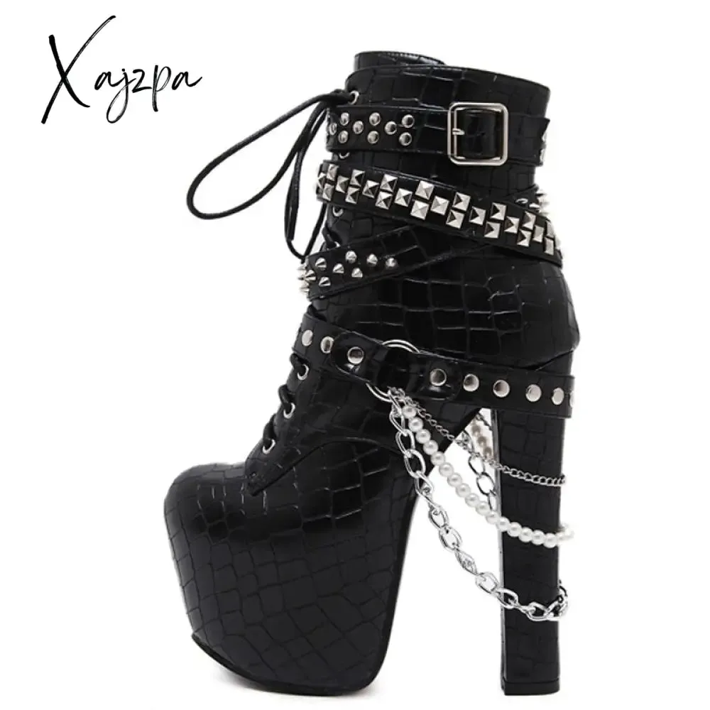 Xajzpa - 2023 Zip Metal Chains Rivet Motorcycle Boots Women Shoes Super High Heels Platform Ankle Boots Punk Rock Gothic Biker Boots